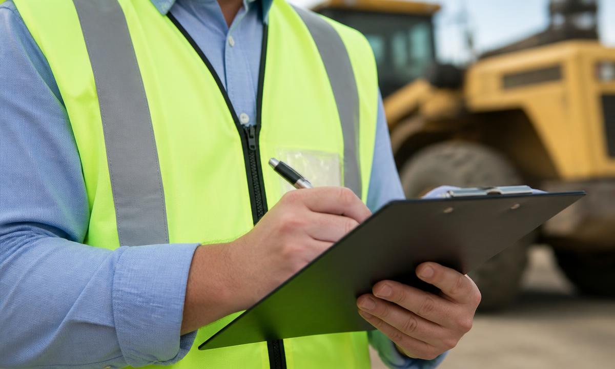 Engenheiro de segurança do trabalho registrando inspeção em prancheta em canteiro de obras